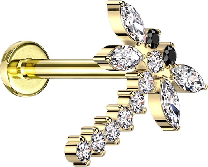 Produktbild Star Piercing Micro Threadless Labret vergoldet Libelle vergoldet Kristalle silber (Titan G23, ohne Messing)