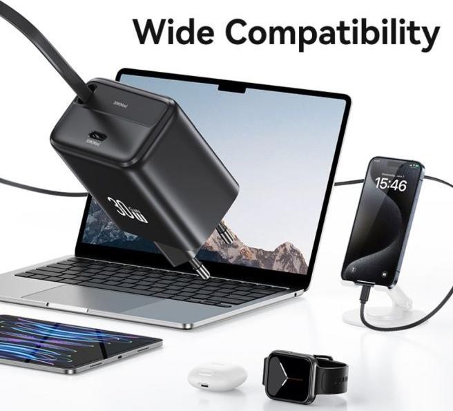 Image du produit Usams Ład. siec. 1xUSB-C ze zwijanym kablem USB-C Retractable PD+QC 30W Gan Fast Charging czarny/bla (30 W)