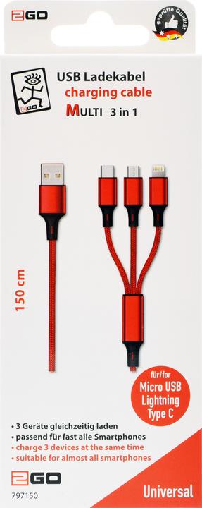 Produktbild 2GO 797150 USB Kabel USB B USB C/Micro-USB B/Lightning (1.50 m)