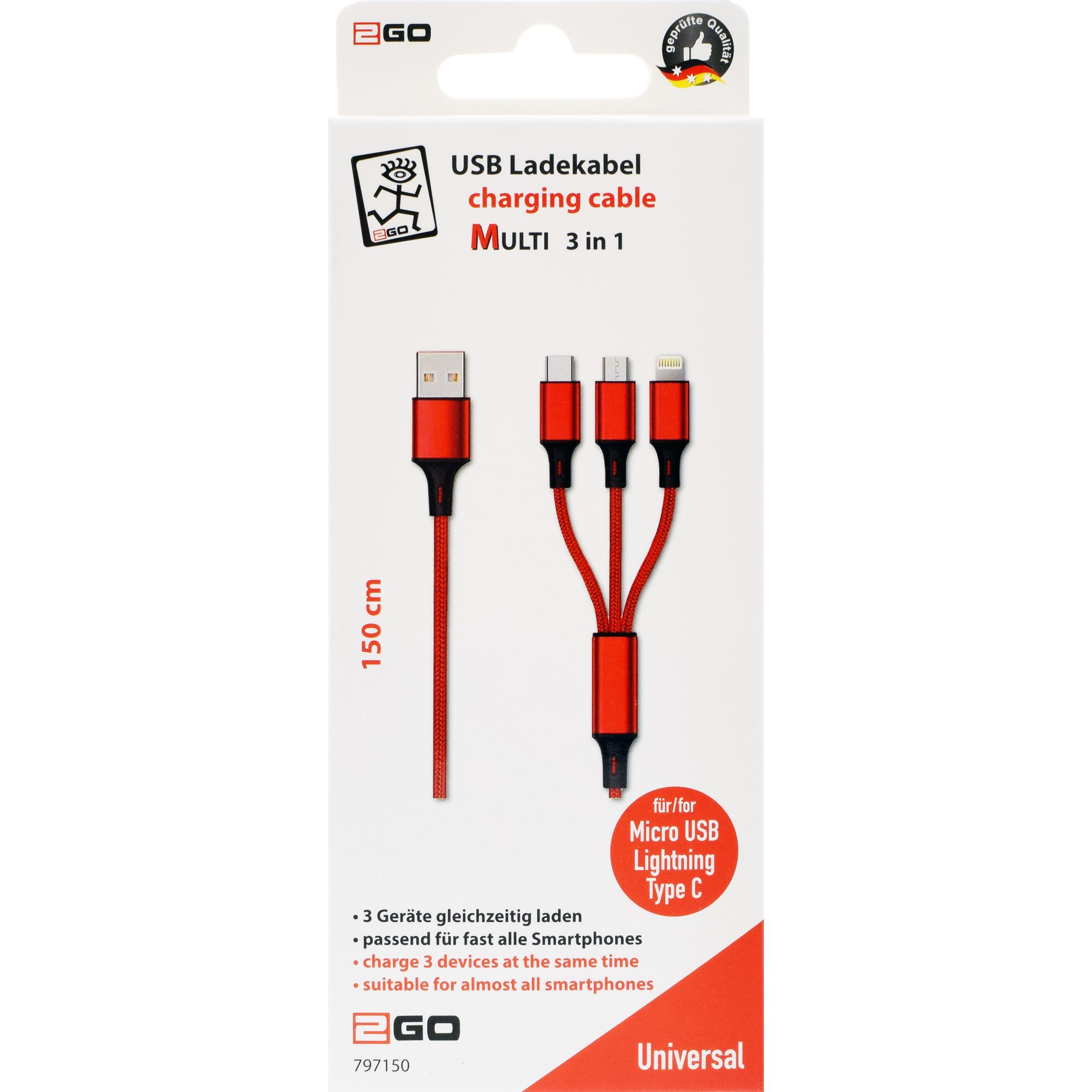 Thumbnail - 2GO 797150 USB Kabel USB B USB C/Micro-USB B/Lightning (1.50 m), USB Kabel