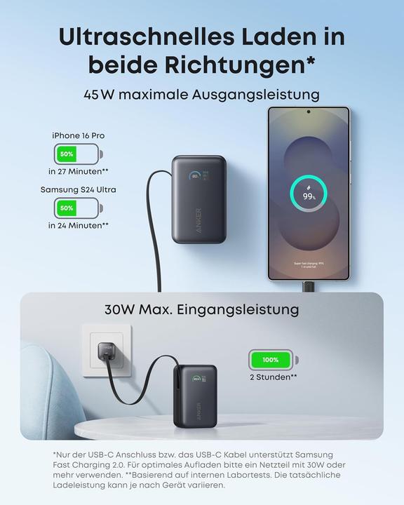 Produktbild Anker - Nano Powerbank mit integriertem Kabel, 45W, 10000mAh, USB-C, schwarz (10000 mAh, 45 W)