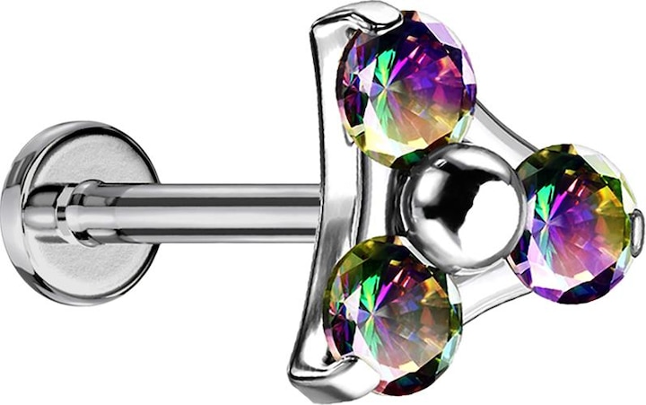 Produktbild Star Piercing Micro Threadless Labret silber Dreieck drei Kristalle dunkel multicolor (Titan G23, ohne Messing)
