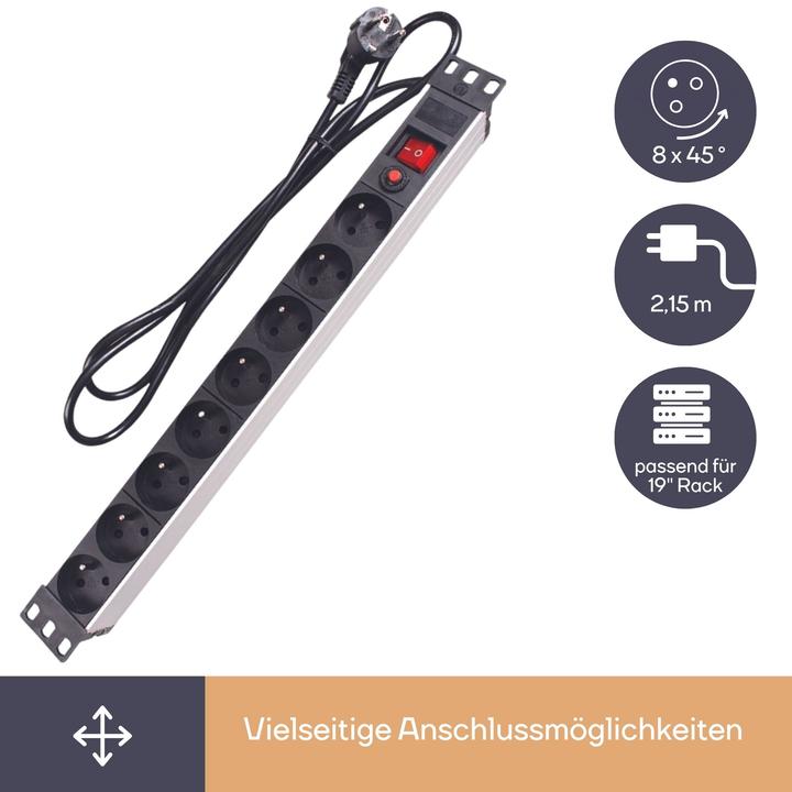 Produktbild Velleman 8-FACH-STECKDOSENLEISTE - STECKER-TYP E (FRANZÖSISCHES SYSTEM) - FÜR 19"-RACK (8x, CEE 7/5, 2.15 m)