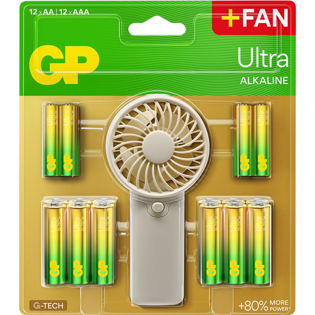 GP Batteries GP - Ultra Alkaline 12xAA + 12xAAA batteries + hand fan (24 pz.), Batterie + pile