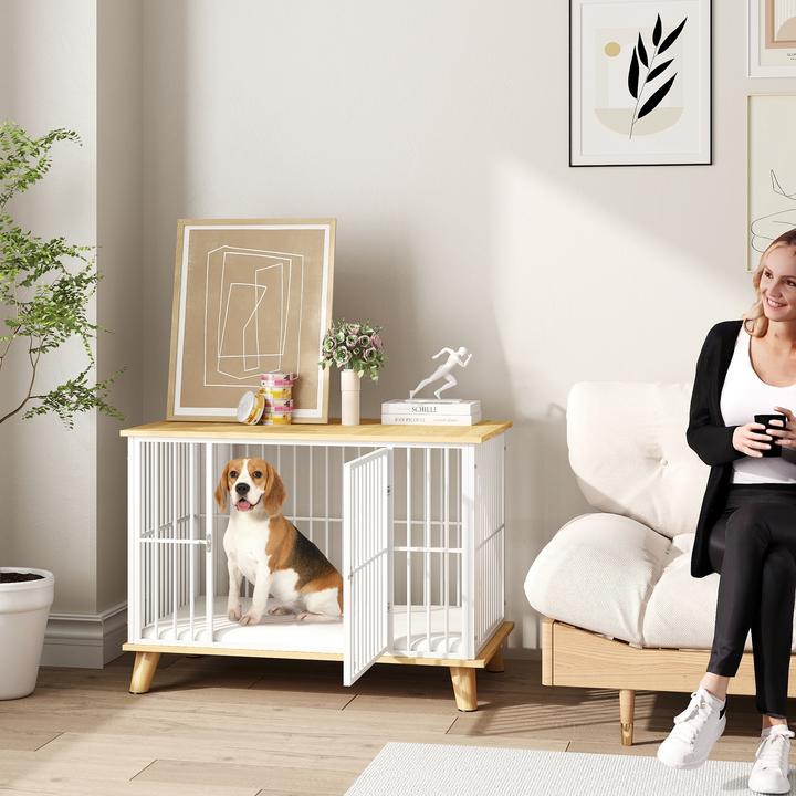 Immagine prodotto PawHut Hundekäfig Stahl, Spanplatte Weiss+Eiche (Cuccia per cani)