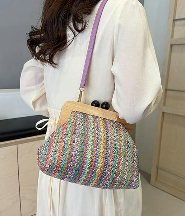 Immagine prodotto Only-Bags.Store Borsa crossbody vintage intrecciata, pochette a conchiglia a righe colorate, chiusura a scatto in