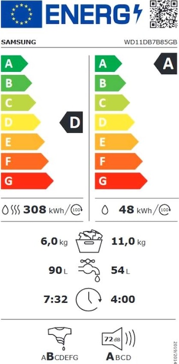 Label énergétique Samsung WD11DB7B85GBU3 Ai Control lave-linge séchant Ecodoser