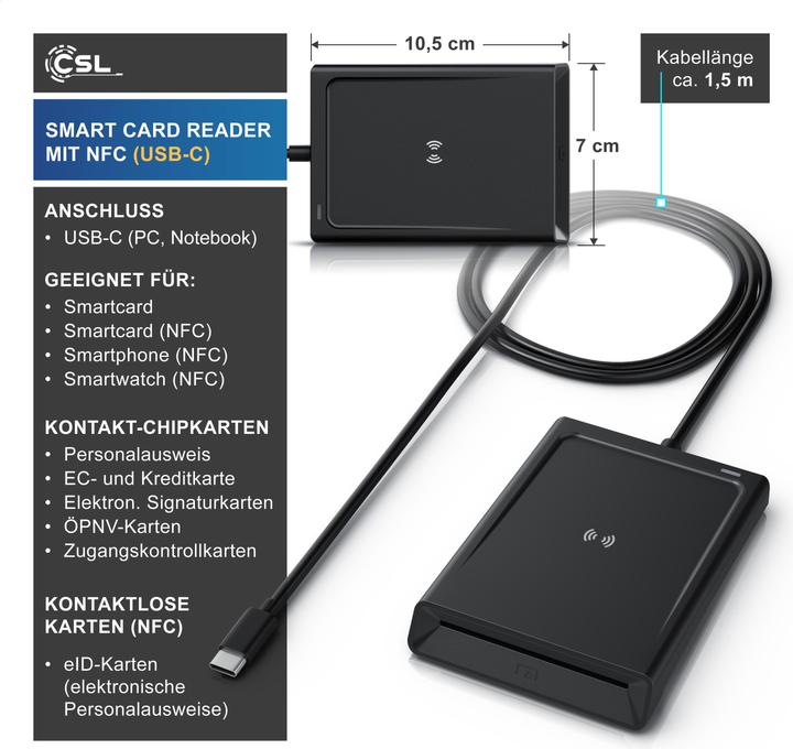 Actual product image CSL Chipkartenleser USB-A Smart Card Reader, NFC, SIM Kartenlesegerät, kompatibel mit Mac OS X, Win 11 (USB)