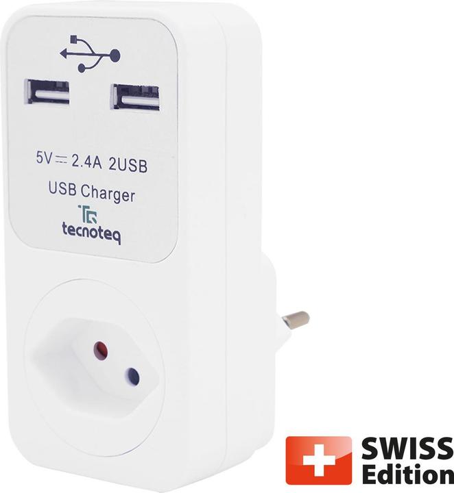 Actual product image Tecnoteq Socket outlet with 2x USB charging port 2.4A overvoltage protection, Swiss-Edition