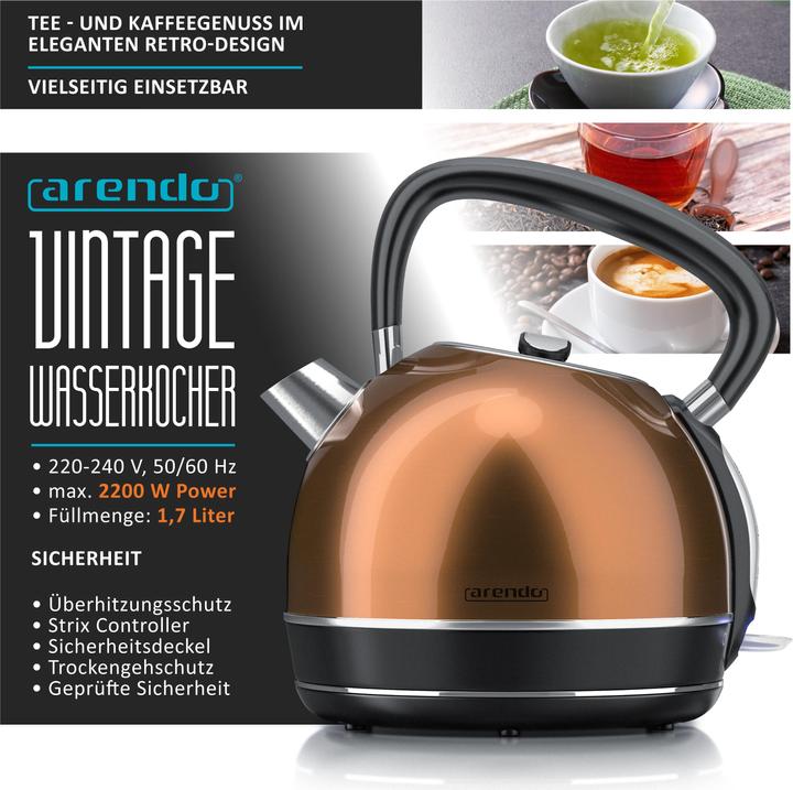 Produktbild Arendo Frühstücks Set, Edelstahl Wasserkocher 1,7l 2200 Watt, 2-Scheiben Langschlitz Toaster, Kupfer (1.70 l)