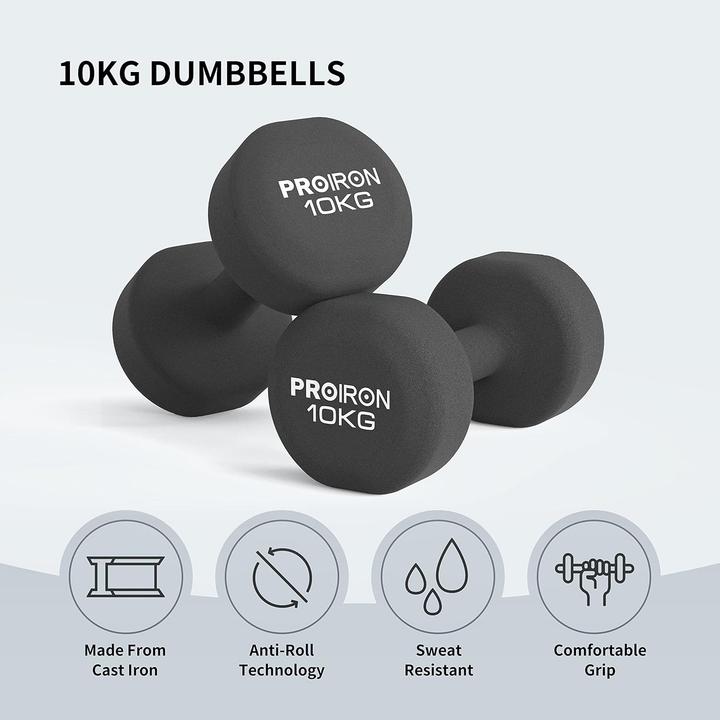Produktbild Proiron PRKNED10K Kurzhantel-Gewichtsset, 2 Stück, 10 kg, Schwarz, Neopren (2 x 10 kg)