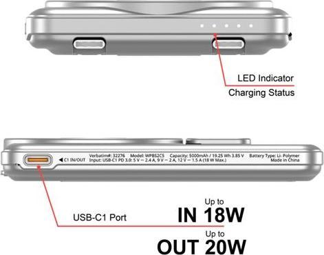 Image du produit Verbatim CnG 2C PB Wless 5000mAh Slvr (5000 mAh, 20 W, 35.80 Wh)
