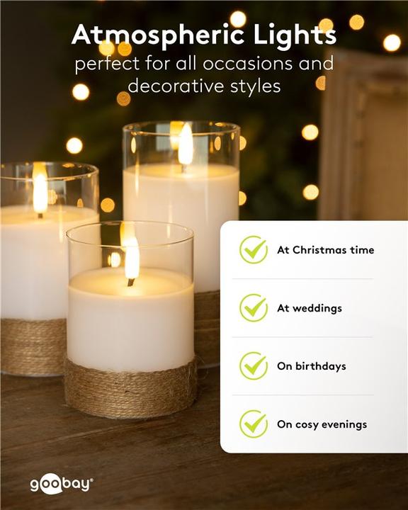 Actual product image Goobay 3er-Set LED-Echtwachs-Kerzen im Glas, weiss, mit Hanf umwickelt (3 x)