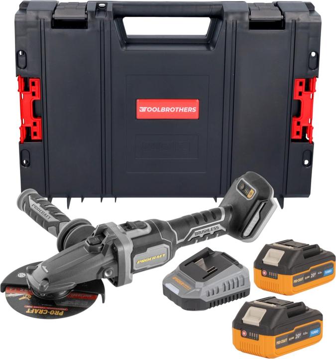 Produktbild Procraft Industrial AG125Cbb Akku Flachkopf Winkelschleifer 20 V 125 mm Brushless + 2x Akku 4,0 Ah (125 mm)