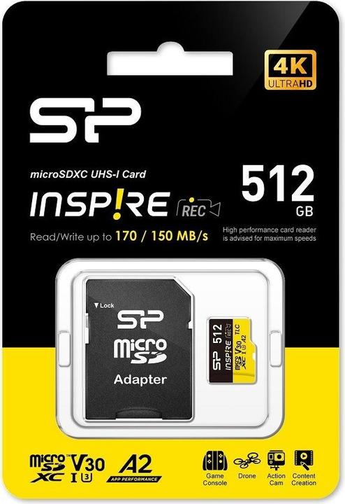 Produktbild Silicon Power Speicherkarten Inspire 512GB, DDR200, W/A, CL10, V30, A2, TF SDXC UHS-IU3 (512 GB, microSDXC, U3, UHS-I)