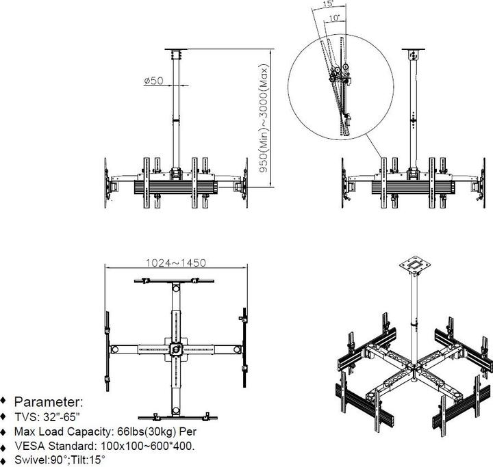Immagine prodotto equip Pro - Staffa - Plastica, Alluminio, Acciaio - Nero - Dimensioni dello schermo: 81.3-1 (Soffitto, 65")