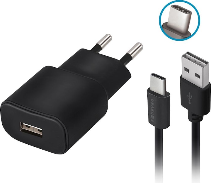 Produktbild Forever TC-01 Ladegerät 1x USB 2A schwarz + USB-C Kabel