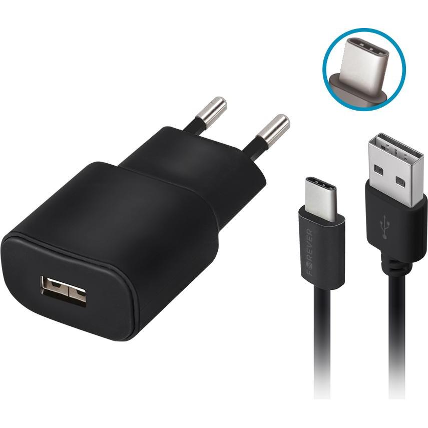 Forever TC-01 Ladegerät 1x USB 2A schwarz + USB-C Kabel, USB Ladegerät, Schwarz