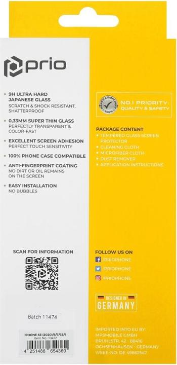 Image du produit prio Verre de protection d'écran (1 pièce(s), Apple iPhone 6s, Apple iPhone SE (3ème génération), Apple iPhone SE (2ème génération), Apple iPhone 6, Apple iPhone 8, Apple iPhone 7)