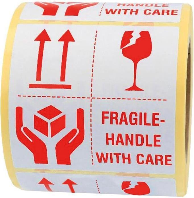Transpak Warnetiketten Fragile - handle with care Masse 100x100mm weiss Rollenkern 76mm