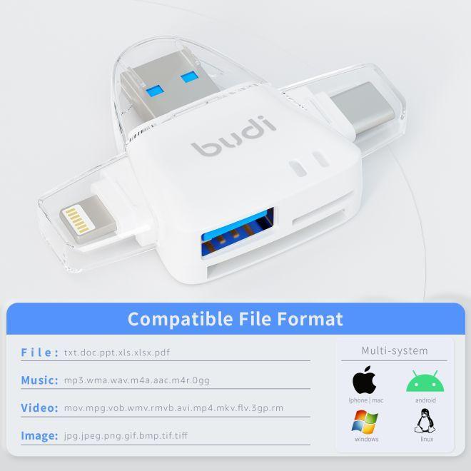 Produktbild Budi 6-in-1 Speicherkartenlesegerät mit Kartenetui & SIM Eject Pin (Lightning, USB 2.0, USB-C)