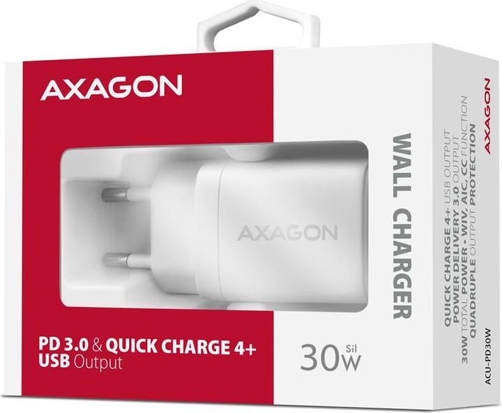 Immagine prodotto Axagon ACU-PD30W, Caricabatterie bianco per presa a muro 30W, 1x porta USB-C, PD3.0/PPS/QC4+/SFC/AFC/Apple (30 W)