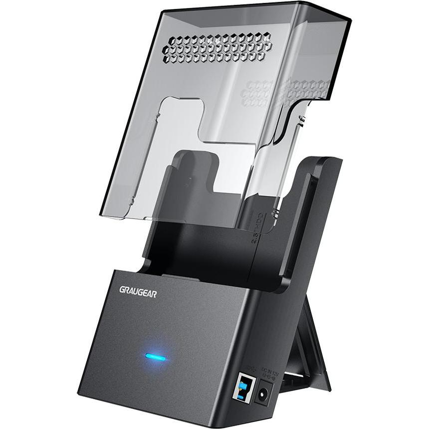 Graugear Contenitore dock per HDD/SSD da 3,5"/2,5", USB3.2 Gen1 (USB-B), Docking station + Hub USB, Trasparente, Nero
