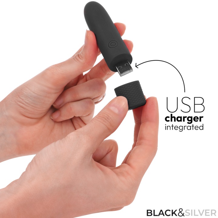 Actual product image Black&Silver Black & Silver - Geri USB Rechargeable Vibrating Bullet 8 Vibrations Black 10 X 2.2 cm