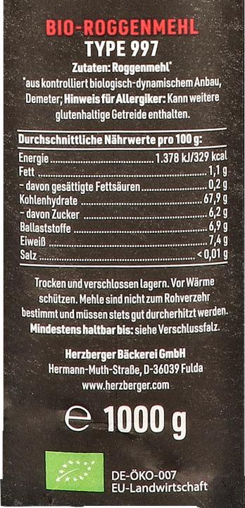Nährwerte und Zutaten Herzberger demeter Mehl, Roggen Typ 997 (1000 g)