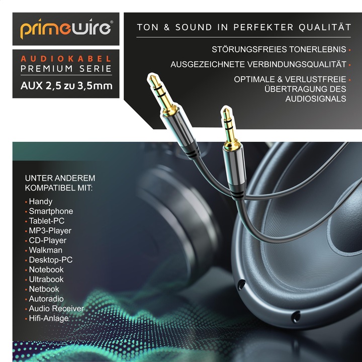 Actual product image Primewire 2.5mm Jack to 3.5mm Jack Audio Cable, AUX, HiFi Audio Adapter Jack Cable / Connector Cable (1.50 m, 3.5mm jack (AUX))