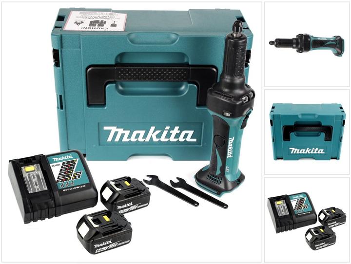1x Makita DGD 800 Akku-Geradschleifer, 2x Makita BL 1850 B 5,0Ah Akku, 1x Makita DC 18 RC Ladegerät, 1x Makita Makpac, 1x Spannzange 6 mm, 1x Montagewerkzeug