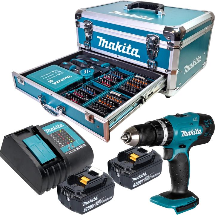 Produktbild Makita DHP 453 SFX9 Akku Schlagbohrschrauber 18 V 42 Nm + 2x Akku 3,0 Ah + Ladegerät + 96 tlg.
