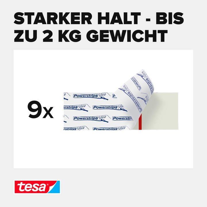 Produktbild tesa Powerstrips für Fliesen & Metall, 2kg Halteleistung, 9x doppelseitige Klebestreifen