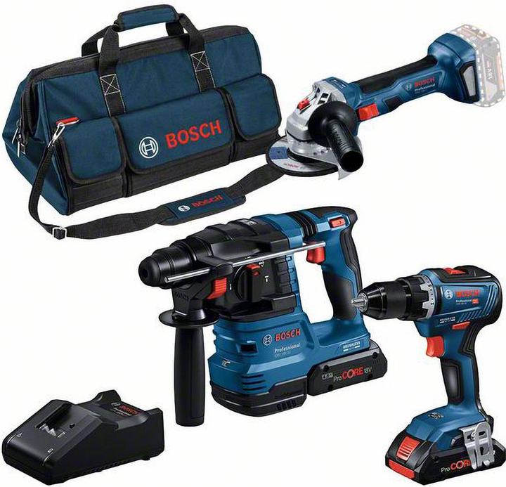 Bosch Professional Combo Kit 3-tlg. 18V: GSR 18V-55/GWS 18V-7/GBH 18V-22, 2x Akku, Schnellladegerät