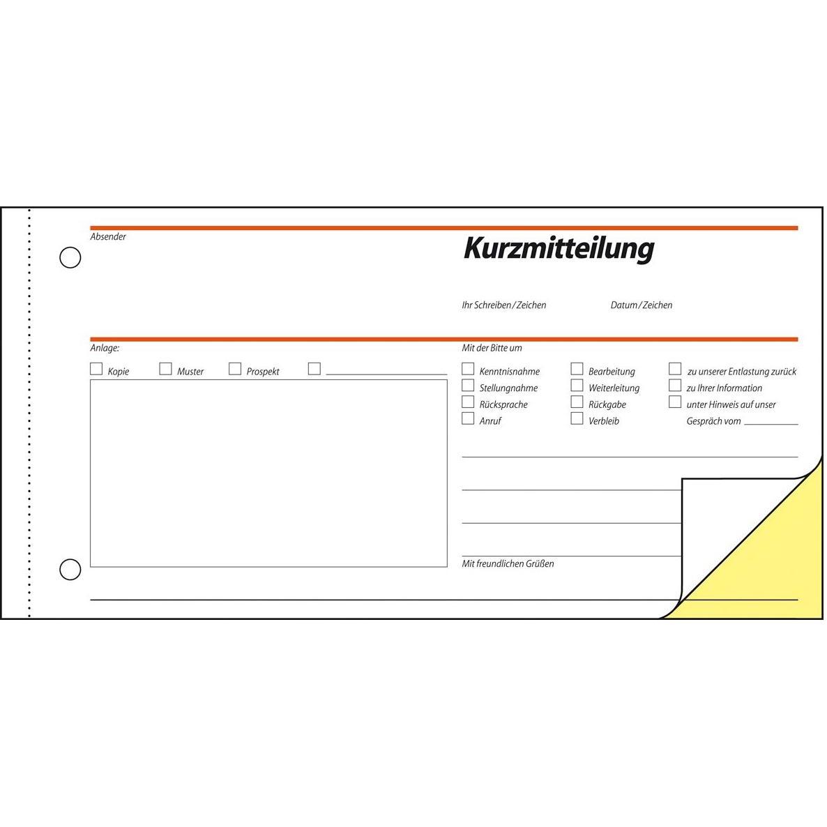 Sigel, Formular, Kurzmitteilung Formular Papierformat: 1/3 DIN A4 quer selbstdurchschreibend: Ja (40 x)