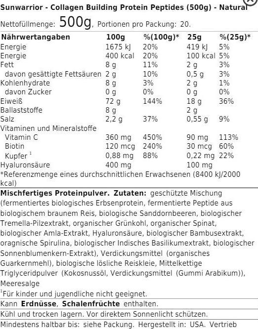 Nährwerte und Zutaten Sunwarrior Collagen Building Protein Peptides Natural (1 Stück, Pulver, 500 g)