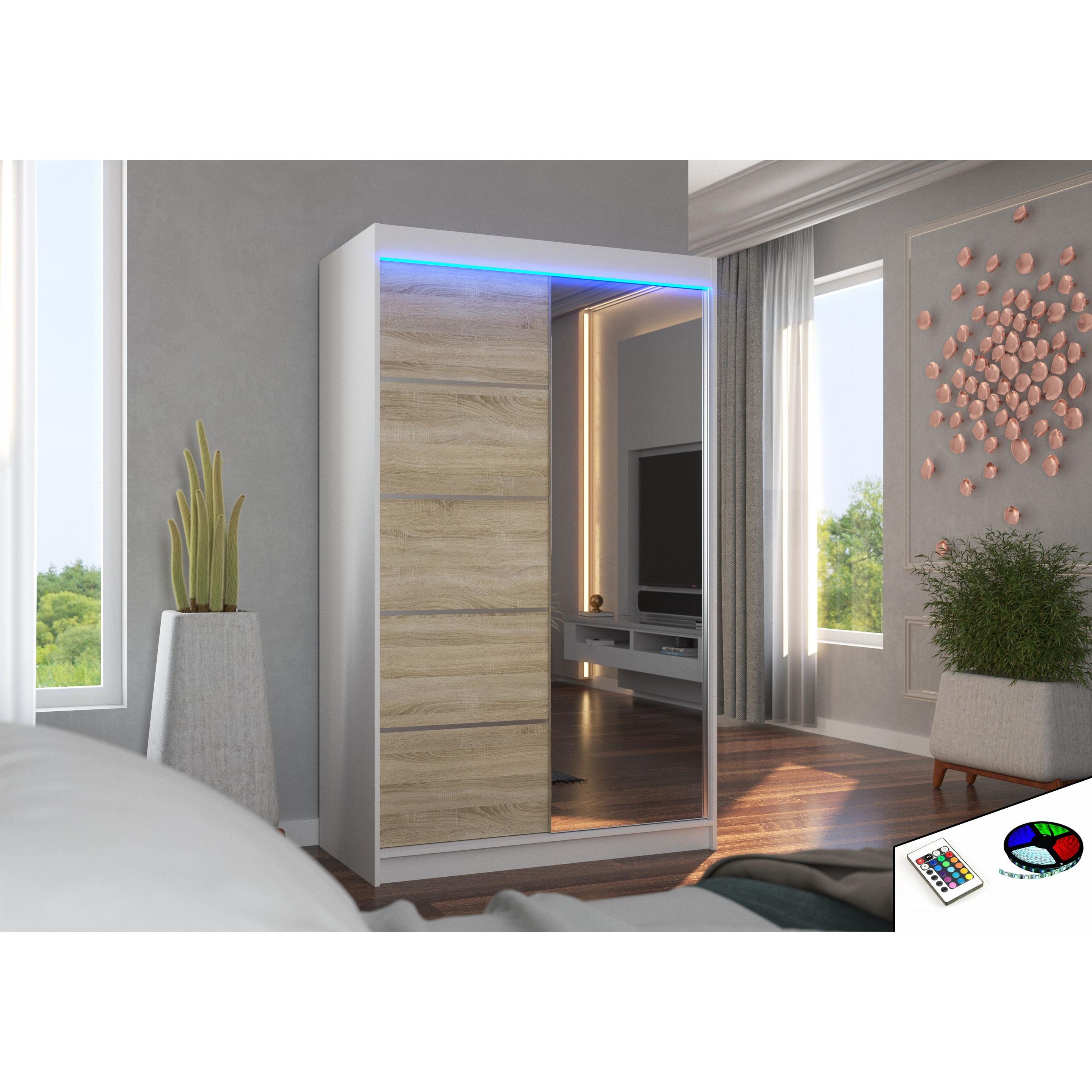 Thumbnail - ADRK Furniture, Kleiderschrank, Verschiebbarer Kleiderschrank mit Spiegel und Beleuchtung LED NICEA 120 (120 x 58 x 200 ...