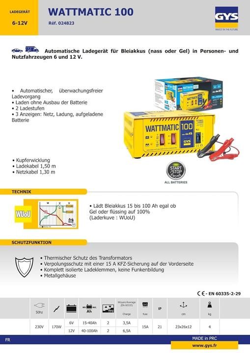 Image du produit GYS Wattmatic 100 024823 Chargeur de voiture 6 V, 12 V 3,5 A 6,5 A (12V, 6V)
