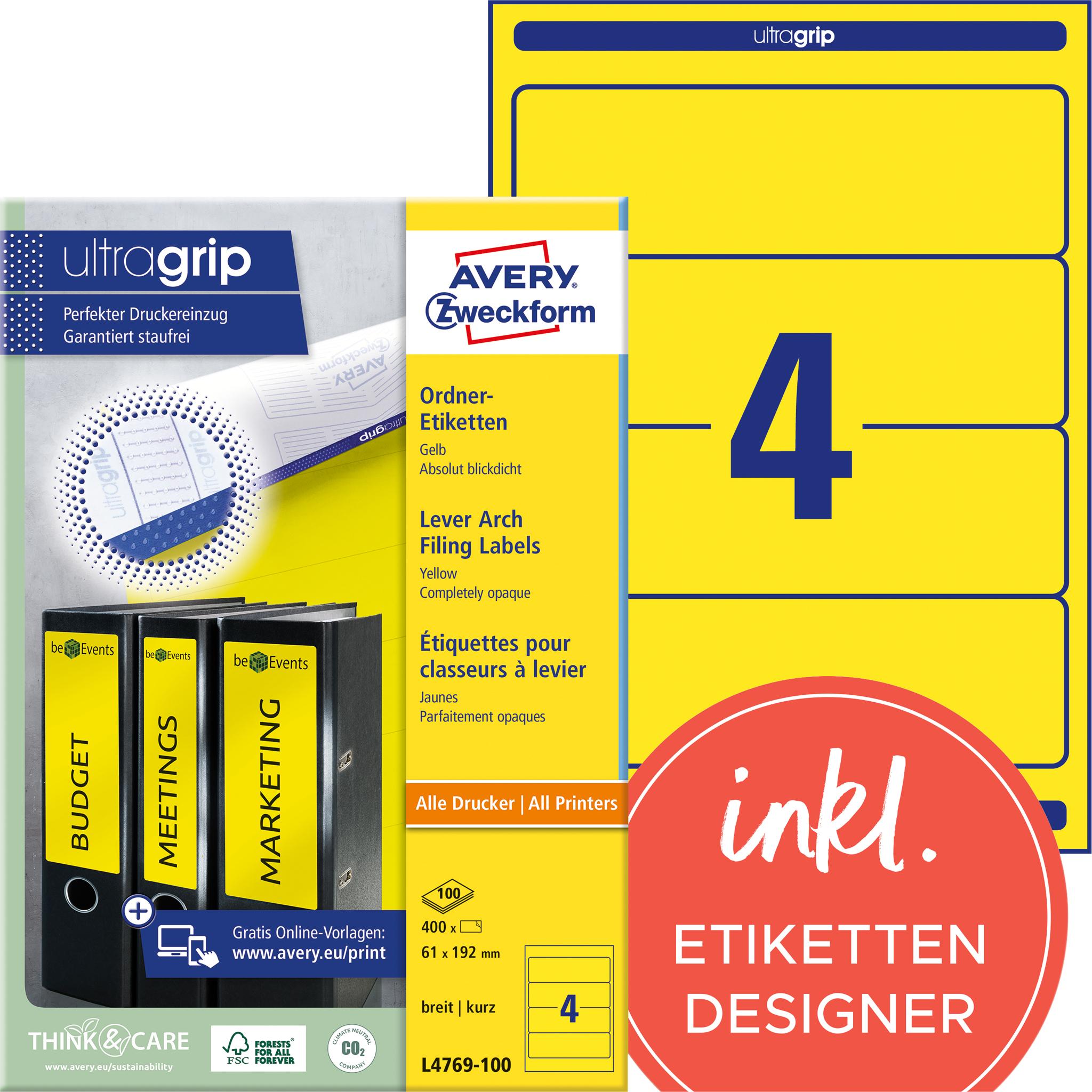 Avery L4769 Gelb 61 x 192 mm 400 Stck. (100 Bögen x 4) Urkundenetiketten (L4769-100)