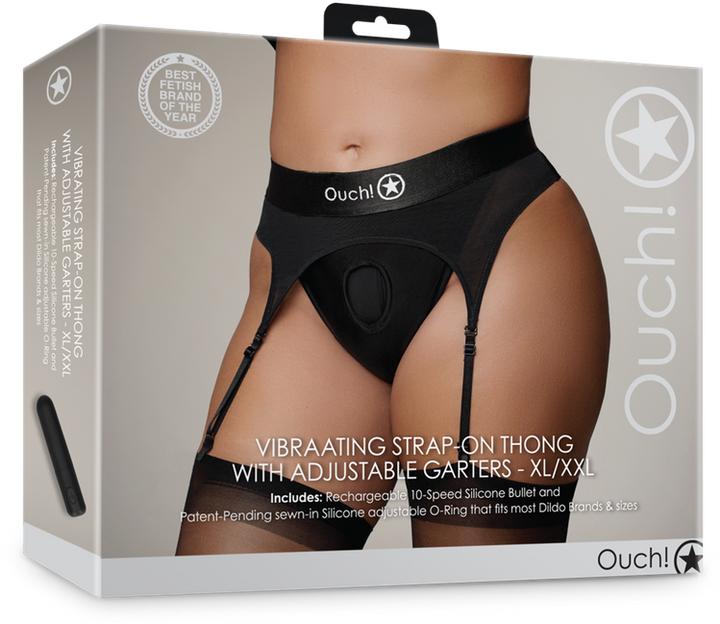 Productafbeelding Ouch! Vibrerende string, verstelbare kousenbanden - Zwart-XL/XXL