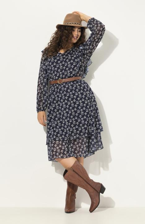 Produktbild Ulla Popken Kleid, doppellagig, V-Ausschnitt, Rüsche, Langarm (62)