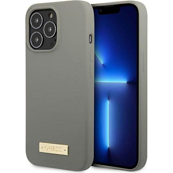 Guess GUHMP13XSPLG iPhone 13 Pro Max 6,7" szary/grey Custodia rigida in silicone Logo Plate MagSafe (Apple iPhone 13 Pro Max), Cover smartphone, Grigi