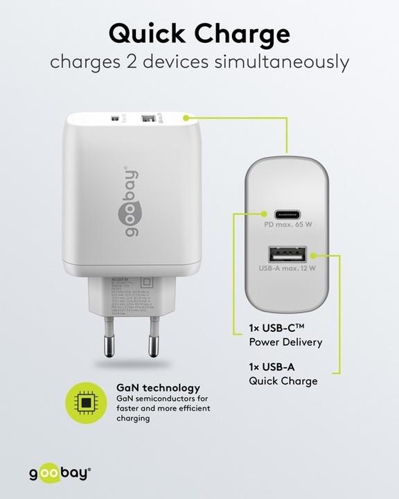 Produktbild Goobay USB-C PD Dual-Schnellladegerät 65 W schwarz (65 W, 2 Ports)