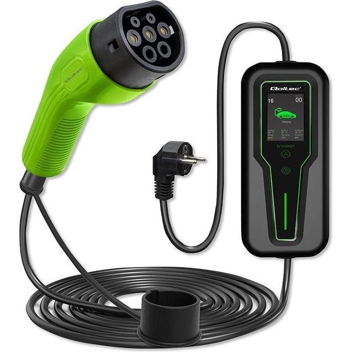 Thumbnail - Qoltec, Elektroauto Ladestation, Mobilna ładowarka do samochodu elektrycznego EV z regulacją 2w1 Typ2 3.5kW 230V LCD P (...