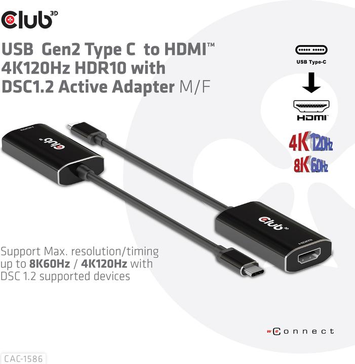Produktbild Club 3D USB-Typ-C Gen2 auf HDMI™ 4K120Hz HDR10 mit DSC 1.2 aktiv St./B. (HDMI, 15 cm)