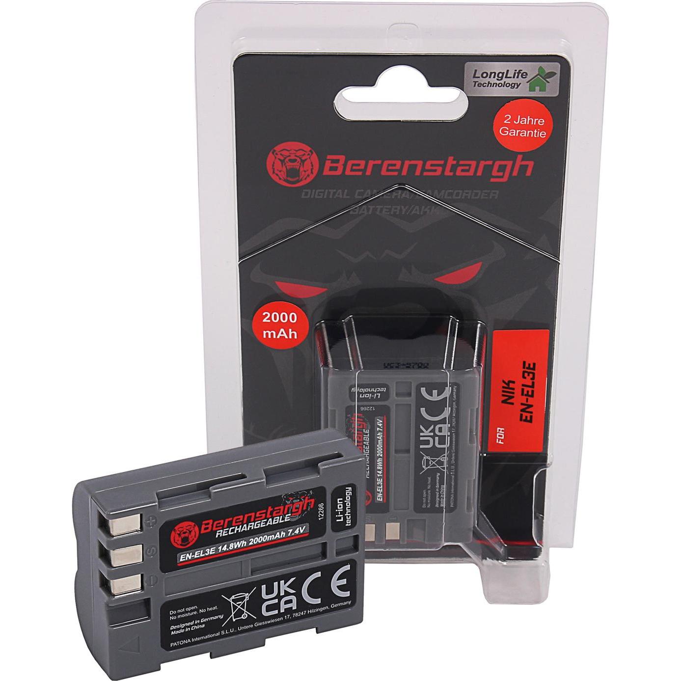 Berenstargh Akku f. Nikon D700 D300 D200 D100 D80 D70 D50 EN-EL3e (Batteria della fotocamera), Alimentatore fotocamera, Nero