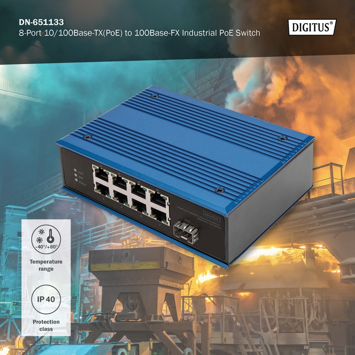 Actual product image Digitus 8-Port 10/100Base-TX(PoE) to 100Base-FX Industrial PoE Switch (8 Ports)