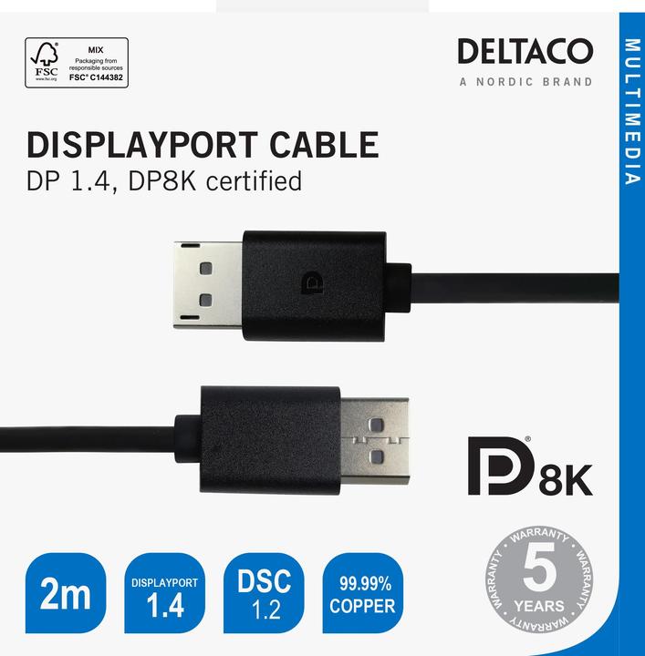 Produktbild Deltaco DisplayPort kabelis 8K, DP 1.4,, juodas / DP8K-1020-K / 00110015 (2 m)