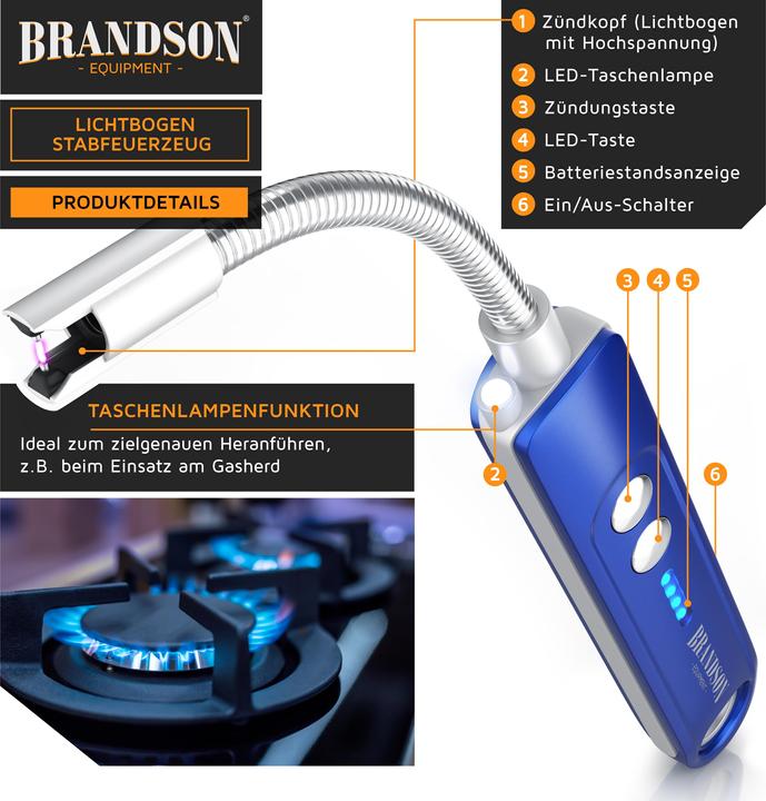 Produktbild Brandson Stabfeuerzeug, Lichtbogen Feuerzeug elektrisch, USB aufladbar, Kerzenanzünder für Kerzen, Gasherde
