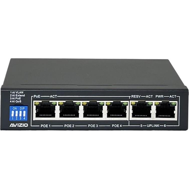Avizio Switch 4x RJ45 PoE 1Gb/s + 2x RJ45 Uplink 1Gb/s (6 Ports), Netzwerk Switch, Schwarz